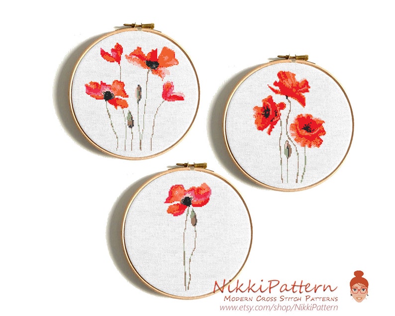 Poppy Cross Stitch Pattern PDF Easy cross stitch Poppies Set 3in1 Modern Embroidery Red poppy cross stitch Floral Natural Art Watercolor image 9