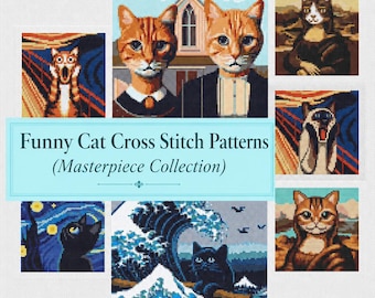 Funny Cat Masterpieces: Mini Cross Stitch Pattern set, Starry Night, American Gothic, Great Wave, Screen, Mona Lisa, Digital download PDF