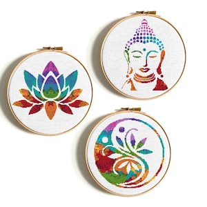 Mandala Cross stitch patterns, Modern Buddha silhouette Hoop Art, Watercolor Lotus Flower, Colorful Yin Yang,  Yoga flower, Digital PDF