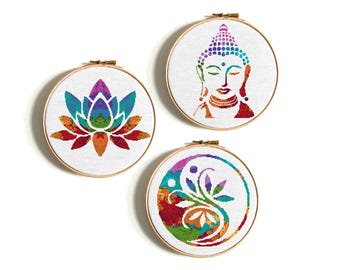 Mandala kruissteekpatronen, moderne Boeddha silhouet hoepelkunst, aquarel lotusbloem, kleurrijke yin yang, yogabloem, digitale pdf