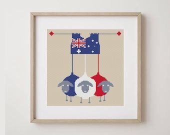 Süßes Schaf Kreuzstichmuster, Australien Flagge, lustiges Schaf mit Symbol, einfacher Kreuzstich, buntes Schaf Digital