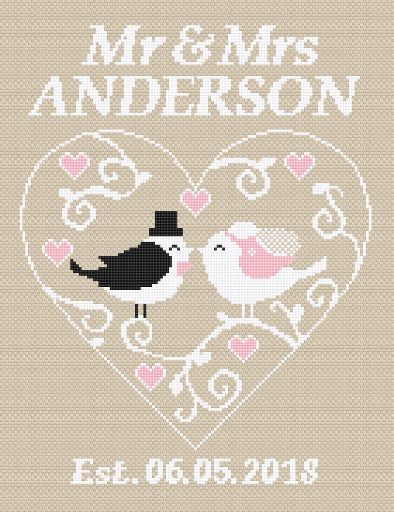 Mr and Mrs Wedding cross stitch Wedding Gift Modern cross stitch pattern Heart cross stitch Love Counted cross stitch Birds cross stitch PDF