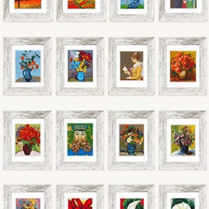 May include: A collection of framed cross-stitch art pieces. The images depict various scenes, including landscapes, portraits, and floral arrangements. The frames are white with a distressed, rustic finish, and the artwork features vibrant colors and detailed stitching.