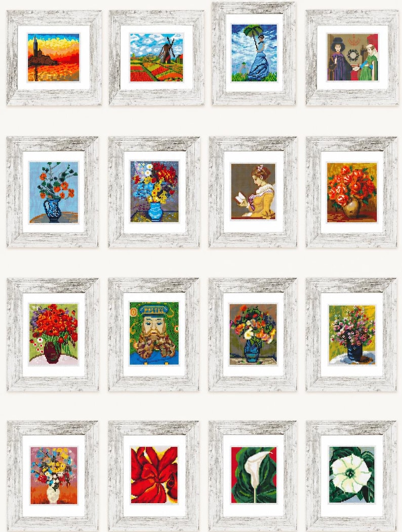 May include: A collection of framed cross-stitch art pieces. The images depict various scenes, including landscapes, portraits, and floral arrangements. The frames are white with a distressed, rustic finish, and the artwork features vibrant colors and detailed stitching.