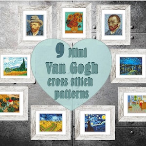 Puede incluir: Nueve patrones de punto de cruz en miniatura que representan obras famosas de Vincent Van Gogh. Los patrones incluyen La Noche Estrellada, girasoles y un autorretrato.