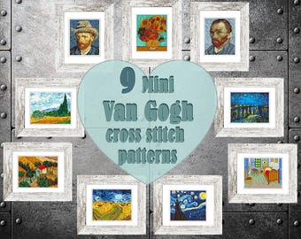 Set di 9 mini schemi per punto croce di Van Gogh. Arte moderna in miniatura: Notte stellata sul Rodano, Autoritratto, Girasoli, Campo di grano, Camera da letto.
