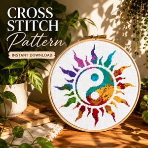 Yin Yang Cross stitch pattern, Colorful Sun silhouette design, Spiritual symbol embroidery, Mandala, Digital instant download PDF