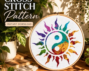 Yin-Yang-Kreuzstichmuster, farbenfrohe Sonnensilhouette, spirituelles Symbol, Mandala, digitaler Sofort-Download (PDF)