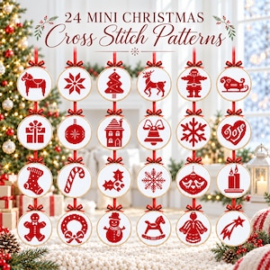 May include: A collection of 24 mini Christmas cross stitch patterns displayed in circular wooden hoops, each featuring a red holiday-themed design on white fabric, topped with a red ribbon bow, with the text 24 MINI CHRISTMAS Cross Stitch Patterns.