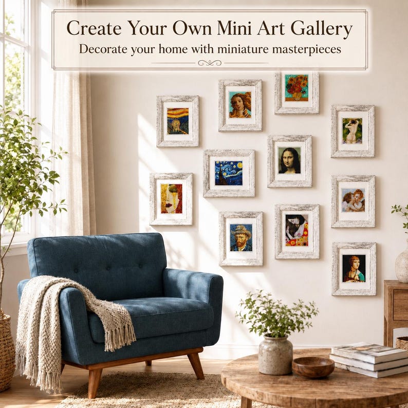 May include: A wall display of framed miniature art pieces. The white-framed art includes famous paintings like Van Gogh's Starry Night and the Mona Lisa. The text at the top reads, "Create Your Own Mini Art Gallery. Decorate your home with miniature masterpieces."