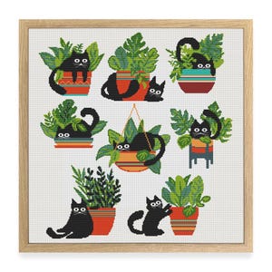 Funny Black Cat Cross Stitch Pattern, 8 Black and orange cats in pots with plants, Cats in Houseplants, Easy beginner chart Instant download