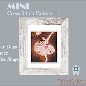 A white frame with a cross stitch pattern is 'Edgar Degas Dancer on the Stage' and the text 'MINI Cross Stitch Pattern PDF' is at the top of the image. The text 'Nikki Pattern MODERN CROSS STITCH PATTERNS www.etsy.com/shop/NikkiPattern' is at the bottom of the image.