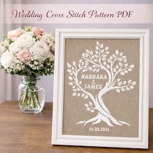 Patrón de punto de cruz moderno para boda, Árbol del amor, Nombre personalizado, Regalo de aniversario de boda, Descarga digital en PDF