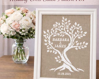 Wedding modern cross stitch pattern, Love tree, DIY Personalized name, Custom name, Love Anniversary wedding gift, Digital download PDF