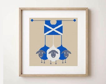 Süßes Schaf Kreuzstichmuster, Schottland Flagge, lustiges Schaf mit Symbol, einfacher Kreuzstich, buntes Schaf, Digital
