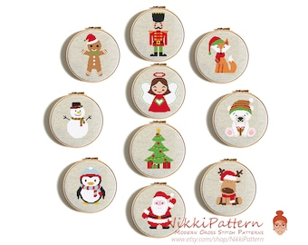 Christmas cross stitch pattern set Merry Christmas Counted cross stitch Santa Claus Angel Gingerbread Soldier Fox cross stitch Reindeer Fox