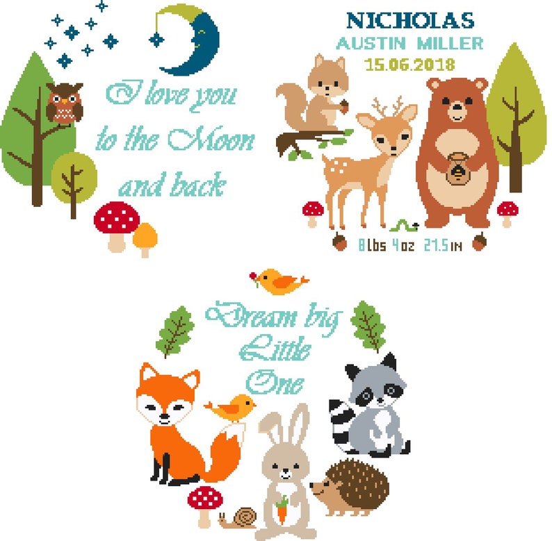 Birth Announcement Cross Stitch Pattern Woodland Animals Etsy