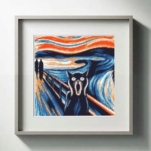Pode incluir: Obra de arte emoldurada com uma paródia de "O Grito" de Edvard Munch, com um gato preto no lugar da figura original. O fundo apresenta pinceladas laranja, azul e branco. A obra de arte está em uma moldura cinza.