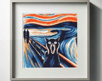 Könnte beinhalten: Gerahmtes Kunstwerk mit einer Parodie von Edvard Munchs "Der Schrei", wobei eine schwarze Katze die ursprüngliche Figur ersetzt. Der Hintergrund hat orange, blaue und weiße Pinselstriche. Das Kunstwerk befindet sich in einem grauen Rahmen.