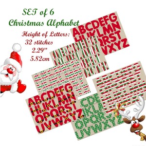 Six Christmas alphabet cross stitch pattern featuring solid red, horizontal and vertical stripes, zigzags, Santa belts, and green letters with white dots. Text lists a letter height of 32 stitches, approximately 2.29 inches on 14-count Aida.