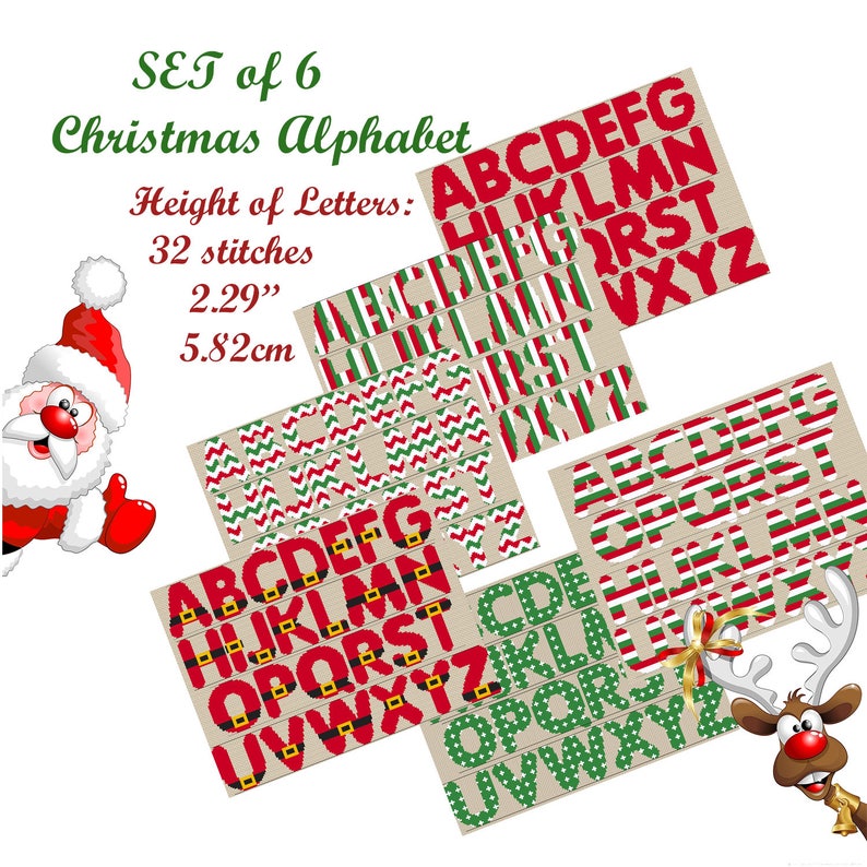 Six Christmas alphabet cross stitch pattern featuring solid red, horizontal and vertical stripes, zigzags, Santa belts, and green letters with white dots. Text lists a letter height of 32 stitches, approximately 2.29 inches on 14-count Aida.