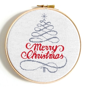 Merry Christmas Cross Stitch Pattern, Modern Holiday Tree Embroidery PDF, DIY Xmas Decor, Beginner Friendly, Instant Download