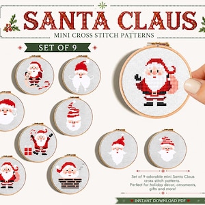 Mini Kreuzstich Stickmuster Set von 9, Kleines Kreuzstichmuster, kleine Weihnachtsstickerei, Weihnachtsmann mit roter gestreifter Mütze, kleines Weihnachtsgeschenk, Sofort download