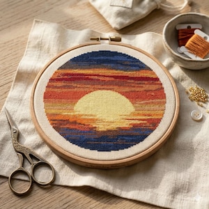 Sunset Cross Stitch Pattern PDF, Modern Landscape Embroidery, Minimalist Sun and Ocean Needlepoint, Instant Download - Retro Nature Wall Art
