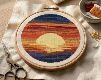 Sunset Cross Stitch Pattern PDF, Modern Landscape Embroidery, Minimalist Sun and Ocean Needlepoint, Instant Download - Retro Nature Wall Art