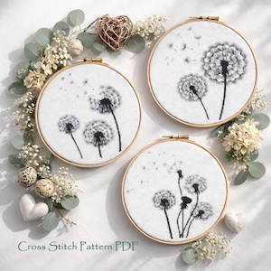 Patrón de punto de cruz de diente de león, conjunto de 3 bordados monocromáticos de flores silvestres, diseño floral, descarga digital instantánea en PDF.