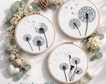 Dandelion Cross Stitch Pattern, Set of 3 Wildflower monochrome embroidery, Floral Design, Digital Instant download PDF