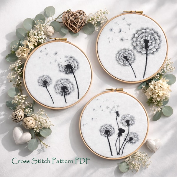 Patrón de punto de cruz de diente de león, conjunto de 3 bordados monocromáticos de flores silvestres, diseño floral, descarga digital instantánea en PDF.