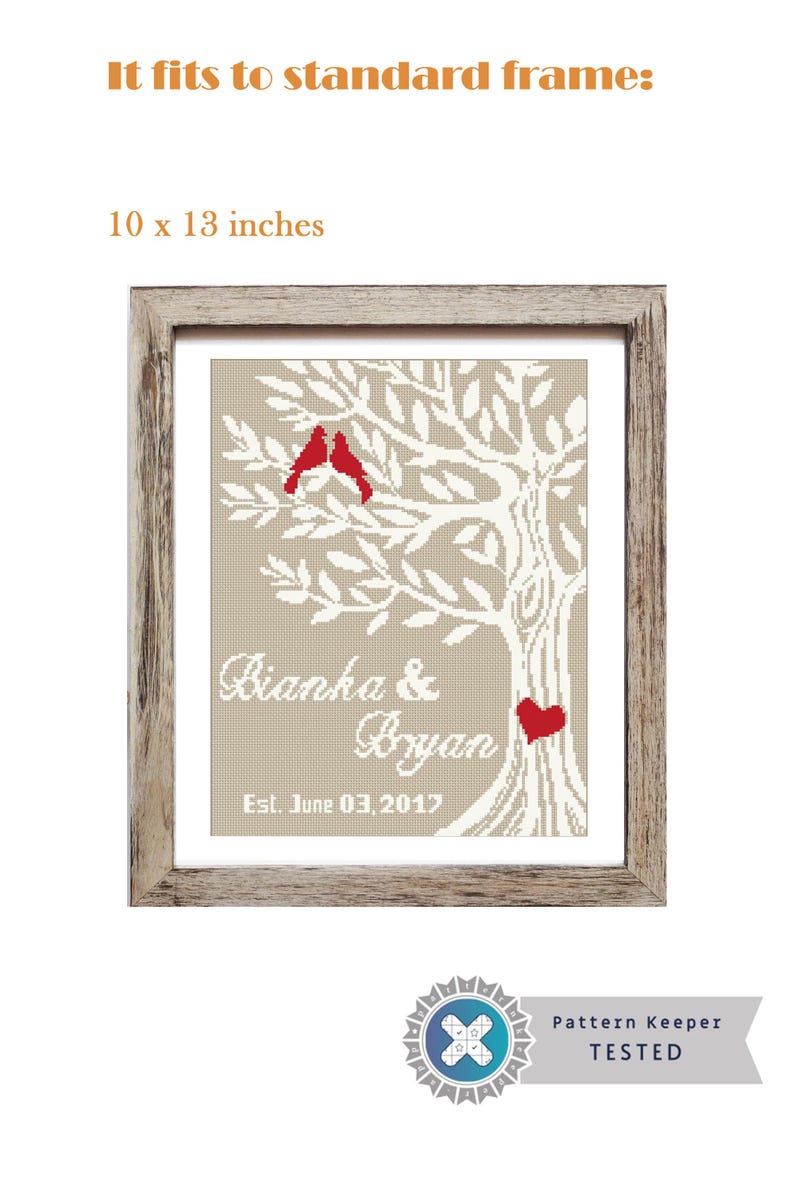 Wedding Cross Stitch Pattern PDF, Love tree with bird, DIY Add Your Names, Anniversary Gift, Alphabet Letters Included, Instant Download image 4