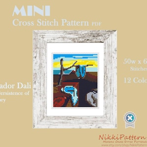 A cross stitch pattern of  Salvador Dali painting. The pattern is 50 stitches wide and 60 stitches high. The pattern is made with 11 colors. The text 'MINI Cross Stitch Pattern PDF' is at the top of the image. The text '50w x 60h Stitches and '12 Colors is on the right side of the image. The text 'Nikki Pattern MODERN CROSS STITCH PATTERNS www.etsy.com/shop/Nikki Pattern' is at the bottom of the image.