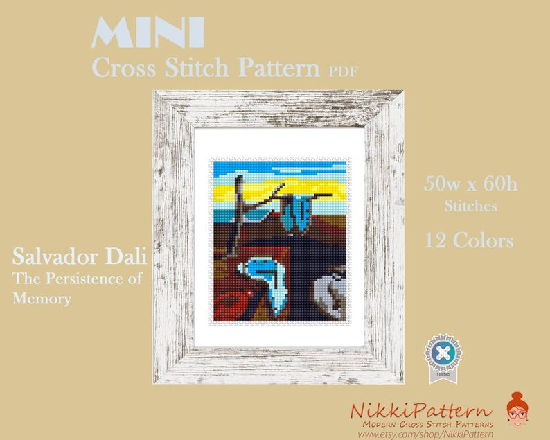 A cross stitch pattern of  Salvador Dali painting. The pattern is 50 stitches wide and 60 stitches high. The pattern is made with 11 colors. The text 'MINI Cross Stitch Pattern PDF' is at the top of the image. The text '50w x 60h Stitches and '12 Colors is on the right side of the image. The text 'Nikki Pattern MODERN CROSS STITCH PATTERNS www.etsy.com/shop/Nikki Pattern' is at the bottom of the image.