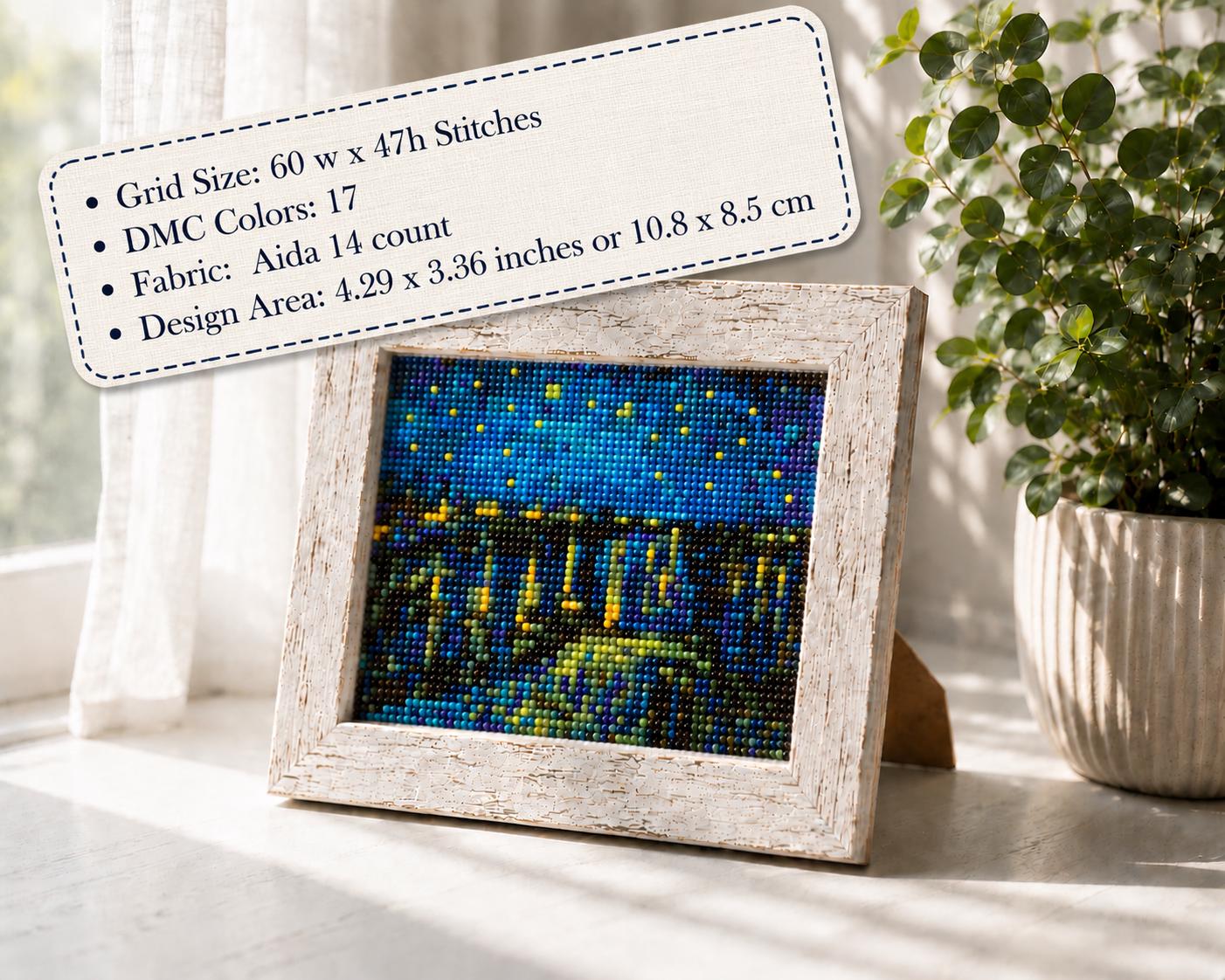 ゴッホ「星月夜」クロスステッチパターン – ローヌ川の星月夜刺繍PDF