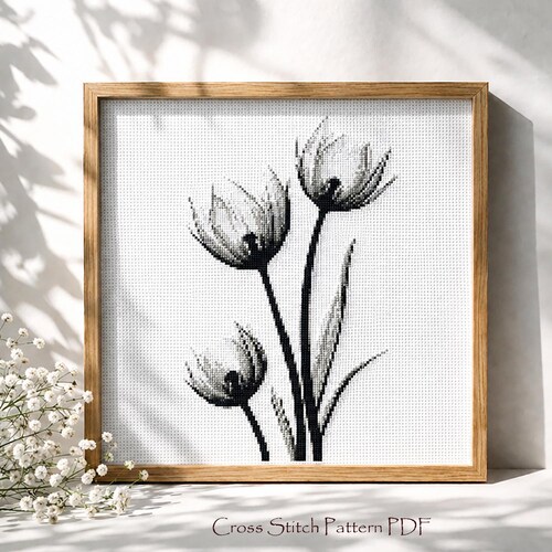 Tulips Cross Stitch Pattern, Black and White Floral Embroidery, Digital download PDF Pattern