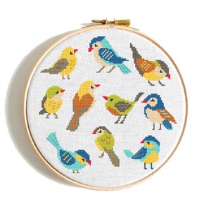 Cute mini birds cross stitch PDF pattern. Funny tiny birds. Easy modern, beginner friendly. Songbirds set. Instant download sampler.