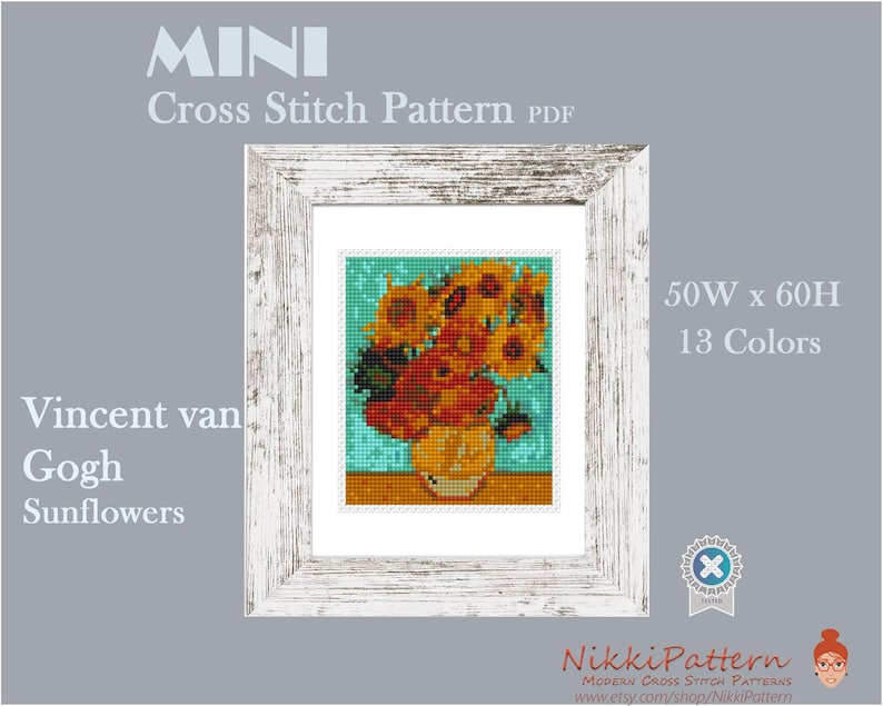 Patrón de punto de cruz mini de los Girasoles de Van Gogh, bordado artístico famoso en PDF, descarga instantánea imagen 8