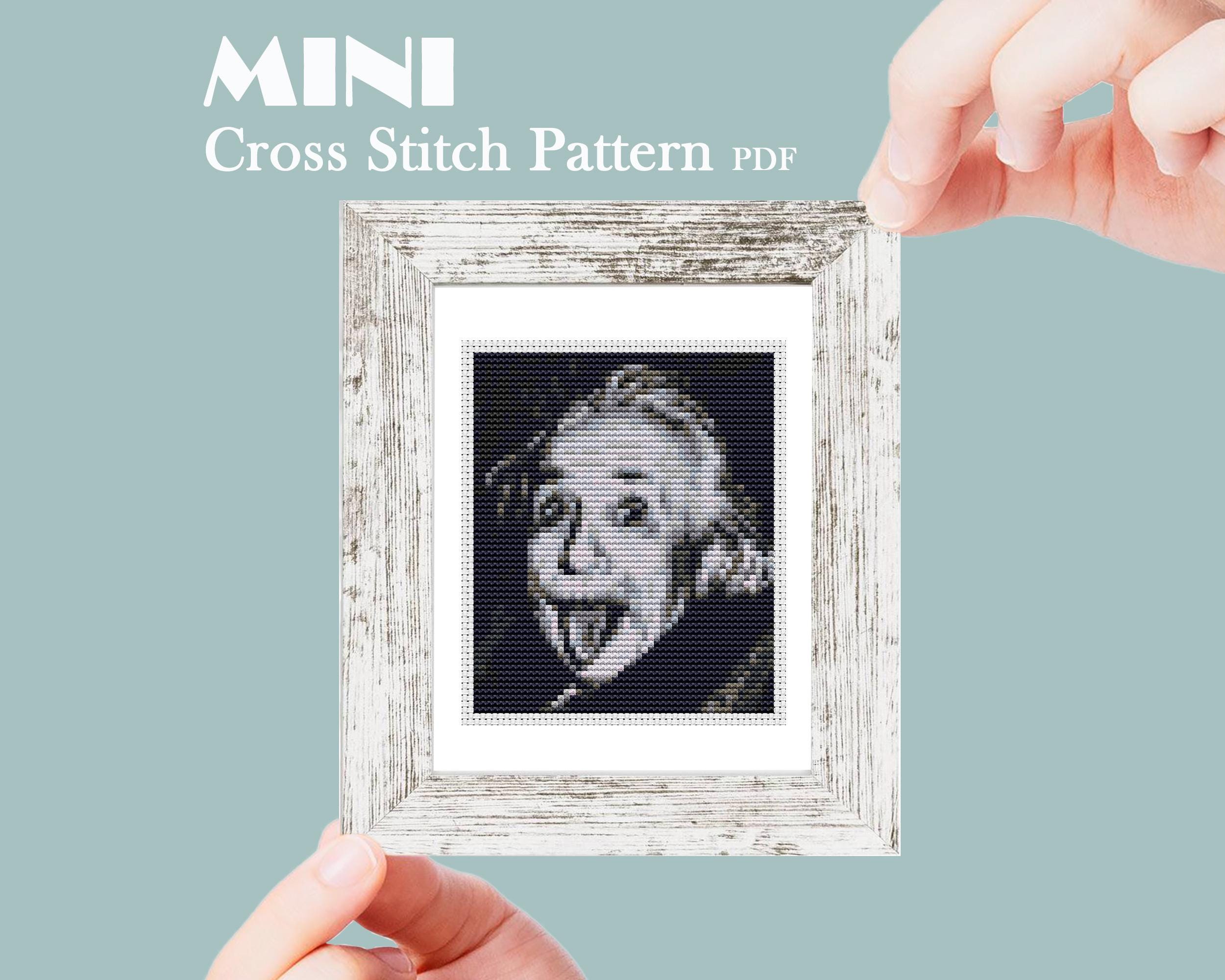 Albert Einstein mini cross stitch pattern, Modern tiny art portrait, Famous scientist, Tiny miniature picture painting, Instant download