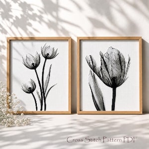 May include: Two framed cross-stitch patterns of black and white tulips. One frame shows three tulips, and the other shows a single tulip. The frames are light brown, and the background is white. The text "Cross Stitch Pattern PDF" is at the bottom.