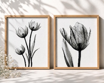 Tulip Cross Stitch Pattern, Tulip set in black and white, Modern flower x-stitch, Monochrome floral, Digital download PDF