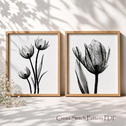Tulip Cross Stitch Pattern, Tulip set in black and white, Modern flower x-stitch, Monochrome floral, Digital download PDF