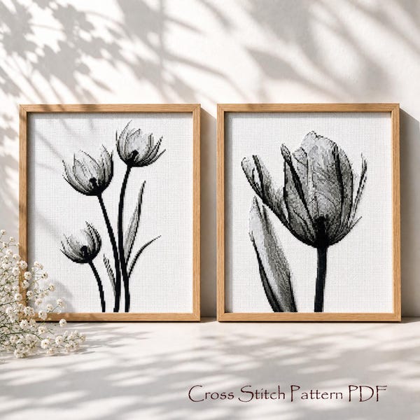 Patrón de punto de cruz de tulipanes, conjunto de tulipanes en blanco y negro, punto de cruz floral moderno, estampado floral monocromático, descarga digital en PDF.