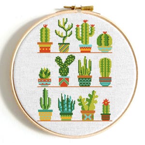 Mini cactus cross stitch pattern, Cacti Botanical embroidery, Mini floral in pots, Home Plant, Geometric pots, Digital Instant download PDF