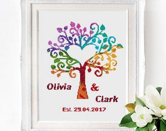 May include: Cross-stitch pattern featuring a colorful tree with a heart-shaped canopy. The tree is surrounded by the names Olivia & Clark and the date Est. 29.04.2017.