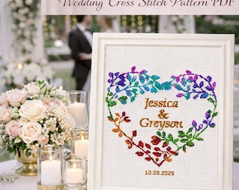 Modern wedding cross stitch pattern, Heart embroidery with DIY custom names, Personalized anniversary wedding gift, Digital Instant Download