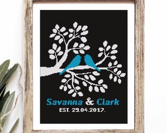 Wedding modern cross stitch pattern, Love birds, Wedding Anniversary Sampler, DIY Counted Cross Stitch, Alphabet Included, Instant Download