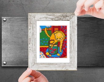 The Cat with Red Fish Mini Cross Stitch Pattern PDF, Henri Matisse art, Famous painting, Small Tiny Art Embroidery, Instant Download