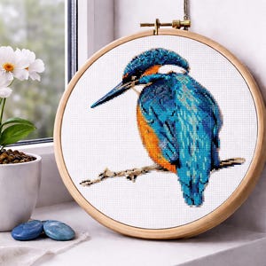 Kingfisher kruissteekpatroon pdf, vogelborduurontwerp, natuurkunst, digitale download. Kleine getelde X-steekkaart.